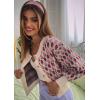 imageCHARTOU Women Floral Knit Cropped Cardigan Cute Lantern Long Sleeve Daisy Jacquard Ribbed SweaterPink