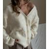 imageCHARTOU Women Fuzzy Mohair Knit Sweater Oversized V Neck Long Sleeve Button Down Slouchy Cardigan TopsWhite