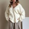 imageCHARTOU Women Fuzzy Mohair Knit Sweater Oversized V Neck Long Sleeve Button Down Slouchy Cardigan TopsWhite