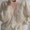 imageCHARTOU Women Open Front Cardigan Hollow Crochet Knit Dressy Sweater Outwear Pearls DecoBeige