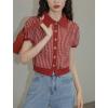 imageCHARTOU Women Short Sleeve Sweater Polo Collar Button Down Diamond Crop Shirt CardiganRed