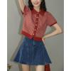 imageCHARTOU Women Short Sleeve Sweater Polo Collar Button Down Diamond Crop Shirt CardiganRed
