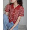 imageCHARTOU Women Short Sleeve Sweater Polo Collar Button Down Diamond Crop Shirt CardiganRed