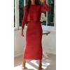 imageCHARTOU Women Two Piece Sweater Skirt Set Outfits Knit Sweater Top Pullover Knitted Slit Bodycon Pencil SkirtRed