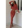 imageCHARTOU Women Two Piece Sweater Skirt Set Outfits Knit Sweater Top Pullover Knitted Slit Bodycon Pencil SkirtRust Red