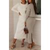 imageCHARTOU Women Two Piece Sweater Skirt Set Outfits Knit Sweater Top Pullover Knitted Slit Bodycon Pencil SkirtWhite
