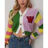 imageCHARTOU Womens Colorful Letter Cable Knit Sweaters Cardigan V Neck Button Down Color Block Y2k Outfits 2024Green