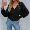 imageCHARTOU Womens Elegant v Neck Pearls Beaded Batwing Sleeve Knit Wrap Peplum SweaterBlack