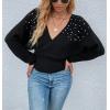imageCHARTOU Womens Elegant v Neck Pearls Beaded Batwing Sleeve Knit Wrap Peplum SweaterBlack