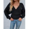 imageCHARTOU Womens Elegant v Neck Pearls Beaded Batwing Sleeve Knit Wrap Peplum SweaterBlack