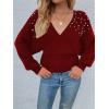 imageCHARTOU Womens Elegant v Neck Pearls Beaded Batwing Sleeve Knit Wrap Peplum SweaterWine