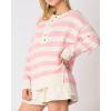 imageCHARTOU Womens Half Buttons Pullover Sweater Oversized Contrast Striped Knit Y2k Fall Sweater JumpersPink