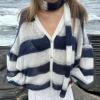 imageCHARTOU Womens Lightweight Oversized Cardigan Lantern Sleeve Contrast Striped Sweater Fall OutfitsNavy