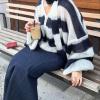 imageCHARTOU Womens Lightweight Oversized Cardigan Lantern Sleeve Contrast Striped Sweater Fall OutfitsNavy