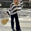 imageCHARTOU Womens Lightweight Oversized Cardigan Lantern Sleeve Contrast Striped Sweater Fall OutfitsNavy