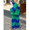 imageCHARTOU Womens Slouchy Fuzzy Chunky Knit Open Front Cardigan Stripe Color Block Lantern Sleeve Long SweaterGreen