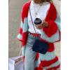imageCHARTOU Womens Slouchy Fuzzy Chunky Knit Open Front Cardigan Stripe Color Block Lantern Sleeve Long SweaterRed