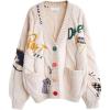 imageCHARTOU Women Chunky Cable Knit Cardigan Embroidery Button Down Sweater Jacket KnitwearBeige