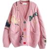 imageCHARTOU Women Chunky Cable Knit Cardigan Embroidery Button Down Sweater Jacket KnitwearPink