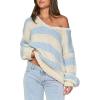 imageCHARTOU Women Chunky Knit Cable Pullover Sweater Oversized V Neck Long Sleeve Off Shoulder Tops Fall OutfitsBlue