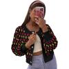 imageCHARTOU Women Floral Knit Cropped Cardigan Cute Lantern Long Sleeve Daisy Jacquard Ribbed SweaterBlack
