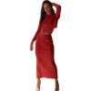 imageCHARTOU Women Two Piece Sweater Skirt Set Outfits Knit Sweater Top Pullover Knitted Slit Bodycon Pencil SkirtRed