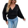 imageCHARTOU Womens Elegant v Neck Pearls Beaded Batwing Sleeve Knit Wrap Peplum SweaterBlack