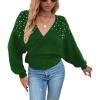 imageCHARTOU Womens Elegant v Neck Pearls Beaded Batwing Sleeve Knit Wrap Peplum SweaterGreen