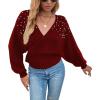 imageCHARTOU Womens Elegant v Neck Pearls Beaded Batwing Sleeve Knit Wrap Peplum SweaterWine