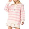 imageCHARTOU Womens Half Buttons Pullover Sweater Oversized Contrast Striped Knit Y2k Fall Sweater JumpersPink