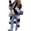 imageCHARTOU Womens Slouchy Fuzzy Chunky Knit Open Front Cardigan Stripe Color Block Lantern Sleeve Long SweaterNavy