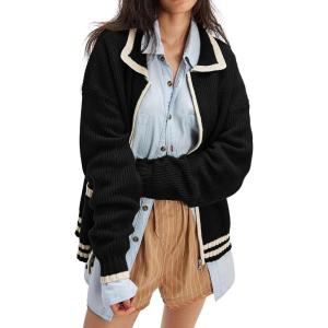 imageCHARTOU Casual Knit Zip Up Sweater for Women 2025 Fall Outfits Contrast Trim Open Front Cardigan Sweater Outwear CoatsBlack