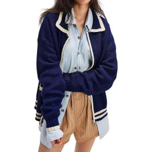 imageCHARTOU Casual Knit Zip Up Sweater for Women 2025 Fall Outfits Contrast Trim Open Front Cardigan Sweater Outwear CoatsBlue
