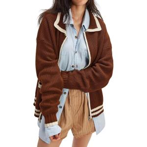 imageCHARTOU Casual Knit Zip Up Sweater for Women 2025 Fall Outfits Contrast Trim Open Front Cardigan Sweater Outwear CoatsBrown