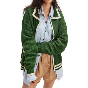 imageCHARTOU Casual Knit Zip Up Sweater for Women 2025 Fall Outfits Contrast Trim Open Front Cardigan Sweater Outwear CoatsGreen