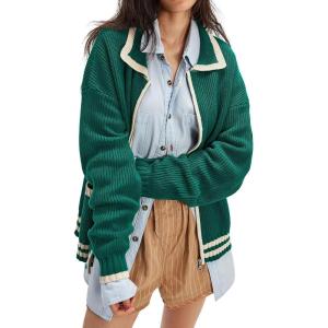 imageCHARTOU Casual Knit Zip Up Sweater for Women 2025 Fall Outfits Contrast Trim Open Front Cardigan Sweater Outwear CoatsLake Blue