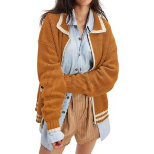 imageCHARTOU Casual Knit Zip Up Sweater for Women 2025 Fall Outfits Contrast Trim Open Front Cardigan Sweater Outwear CoatsPumpkin
