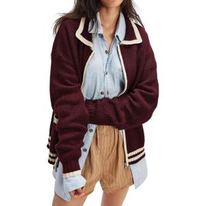 imageCHARTOU Casual Knit Zip Up Sweater for Women 2025 Fall Outfits Contrast Trim Open Front Cardigan Sweater Outwear CoatsWine
