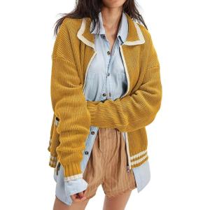 imageCHARTOU Casual Knit Zip Up Sweater for Women 2025 Fall Outfits Contrast Trim Open Front Cardigan Sweater Outwear CoatsYellow