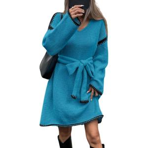 imageCHARTOU Causal Loose Straight Fit Sweater Dress for Women Fall 2025 Outfit Contrast Jumper Knit Sweater with BeltBlue
