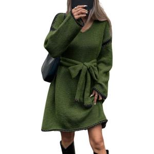 imageCHARTOU Causal Loose Straight Fit Sweater Dress for Women Fall 2025 Outfit Contrast Jumper Knit Sweater with BeltGreen