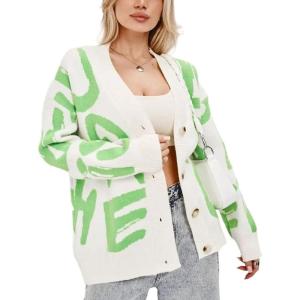 imageCHARTOU Fall Oversized Cardigan Sweaters for Women Trendy Button Down Long Sleeve Kawaii Letter Knit JumperGreen