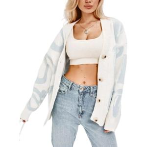 imageCHARTOU Fall Oversized Cardigan Sweaters for Women Trendy Button Down Long Sleeve Kawaii Letter Knit JumperLight Blue