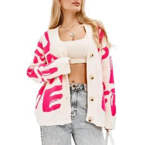 imageCHARTOU Fall Oversized Cardigan Sweaters for Women Trendy Button Down Long Sleeve Kawaii Letter Knit JumperPink