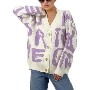 imageCHARTOU Fall Oversized Cardigan Sweaters for Women Trendy Button Down Long Sleeve Kawaii Letter Knit JumperPurple