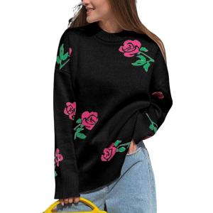 imageCHARTOU Floral Sweaters for Women Crewneck Long Sleeve Pullover Sweater Casual Oversized Rose Print CardiganBlack