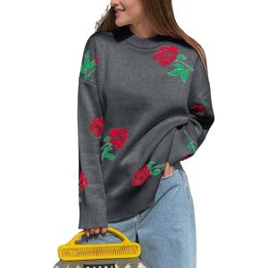 imageCHARTOU Floral Sweaters for Women Crewneck Long Sleeve Pullover Sweater Casual Oversized Rose Print CardiganGrey