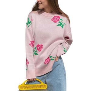 imageCHARTOU Floral Sweaters for Women Crewneck Long Sleeve Pullover Sweater Casual Oversized Rose Print CardiganPink