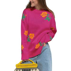 imageCHARTOU Floral Sweaters for Women Crewneck Long Sleeve Pullover Sweater Casual Oversized Rose Print CardiganRose