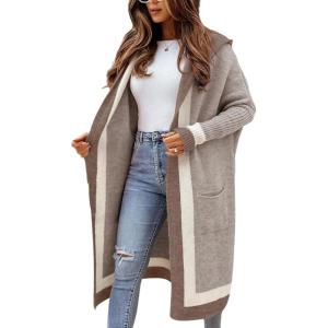 imageCHARTOU Hooded Long Knit Cardigan for Women Blcoked Color Long Sweatshirt Jacket SweaterApricot